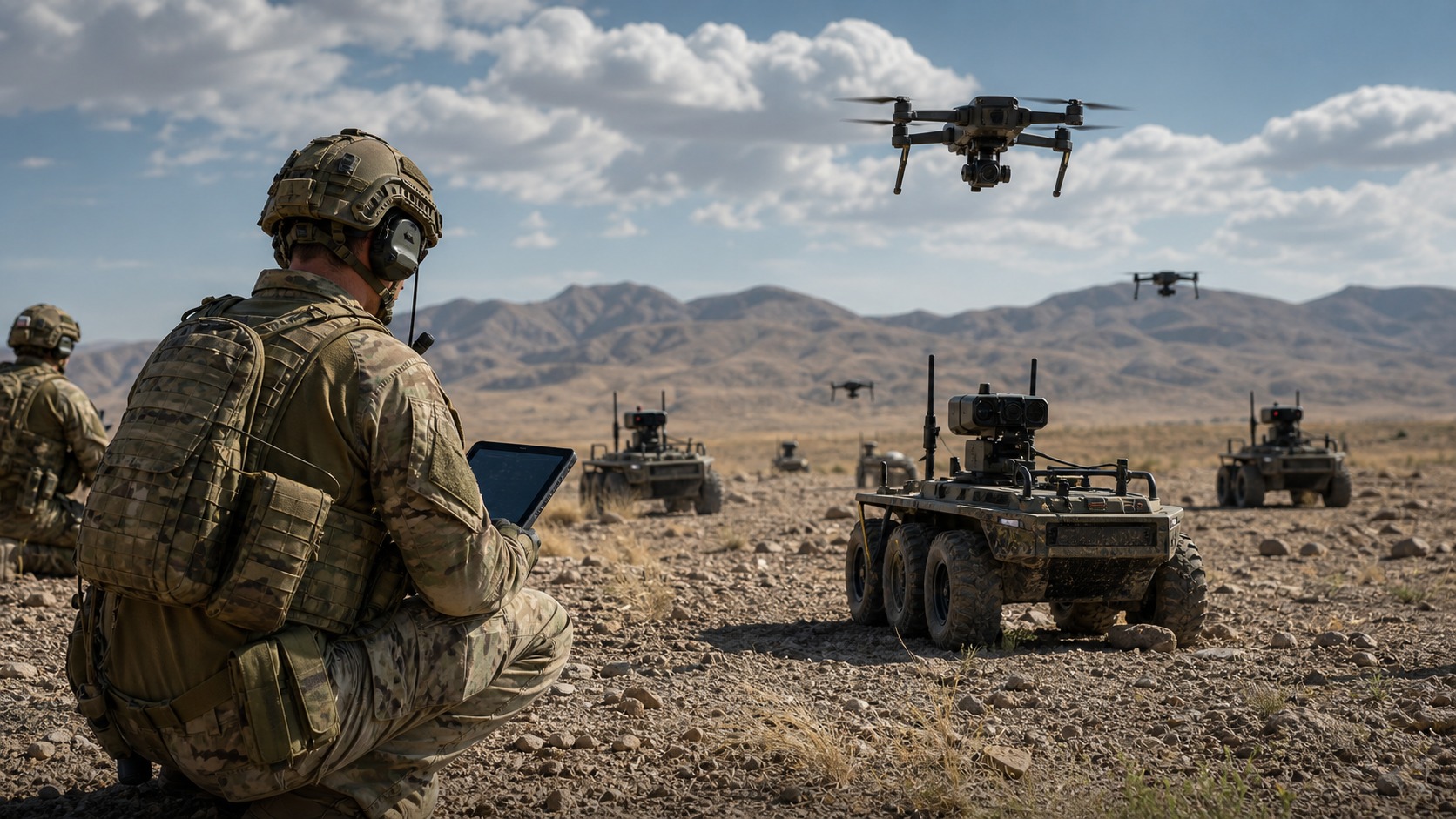 Ultra photorealistic defense image for The Future Army: Drones, Robotics, and AI on the Battlefield