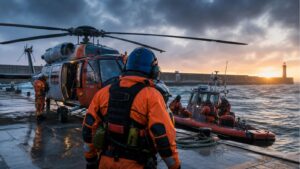Coast Guard rescue crew preparing helicopter and boat near a stormy harbor.