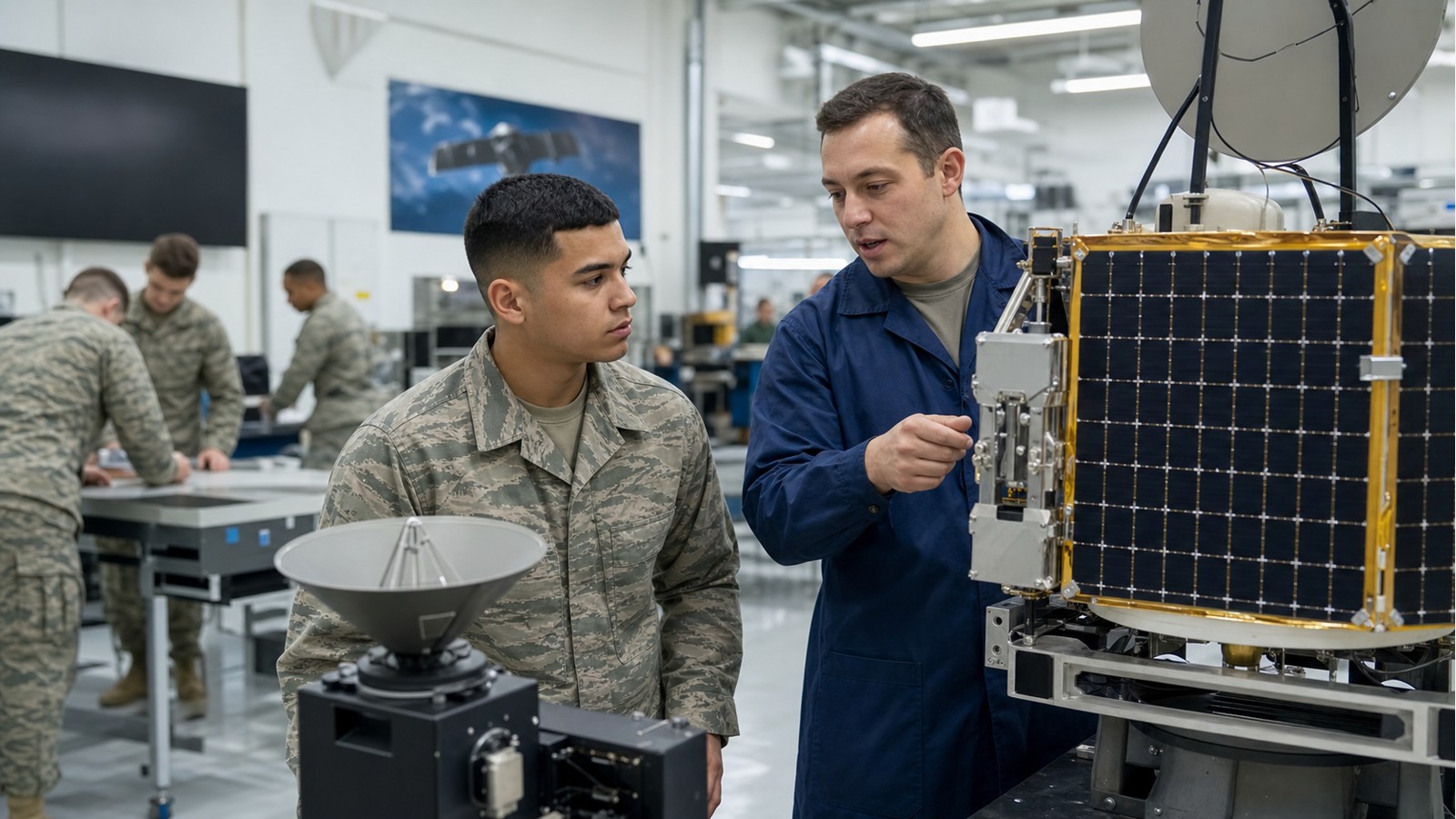Space Force trainee learning satellite equipment in a technical lab.