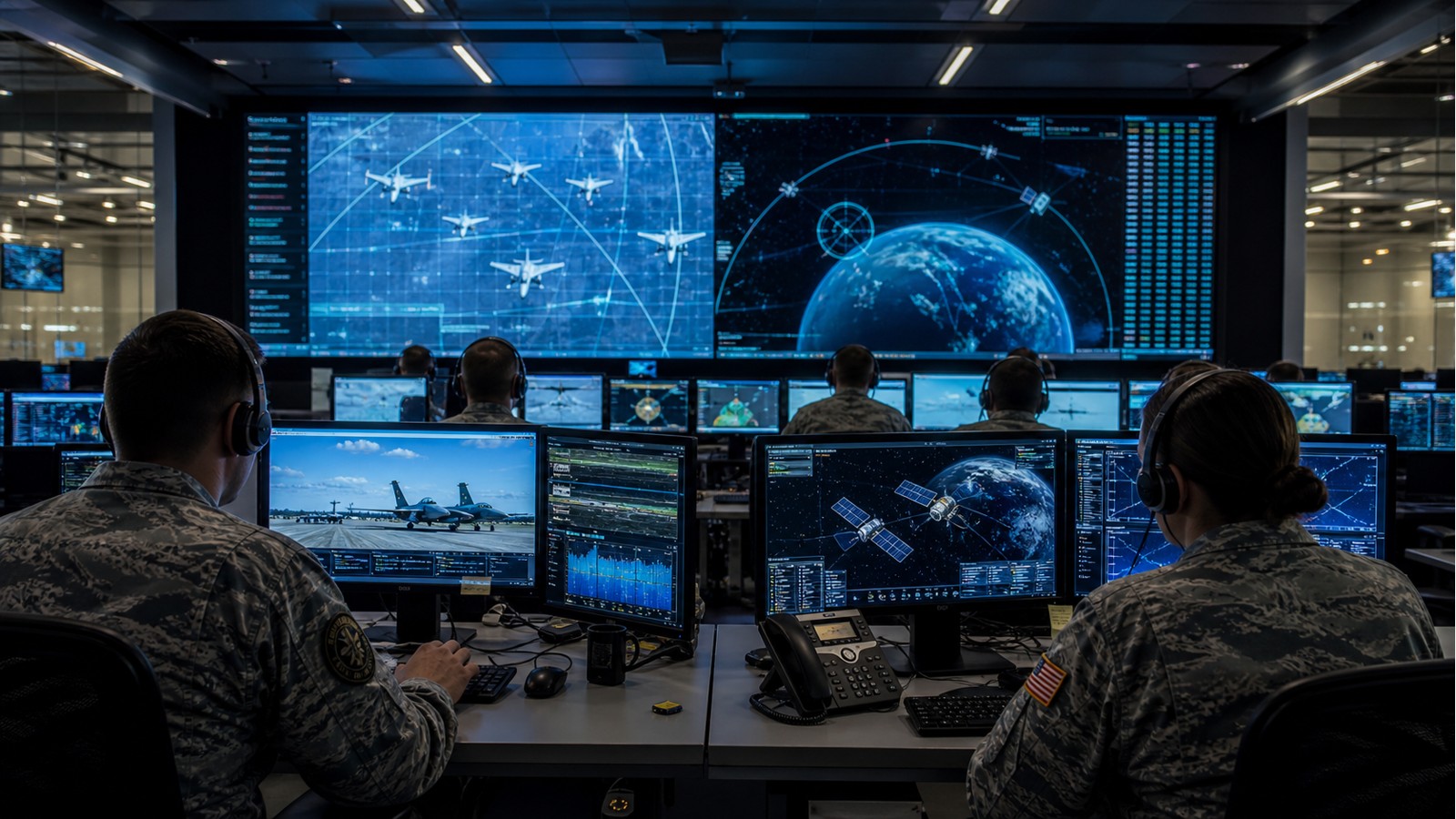Joint air and space operations center with personnel at consoles.