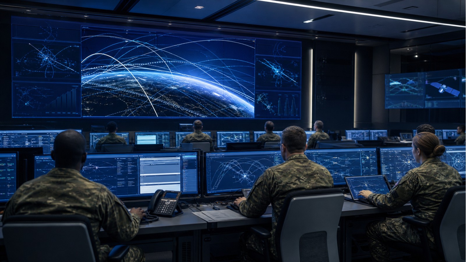 Space defense operations room with personnel monitoring satellite activity.