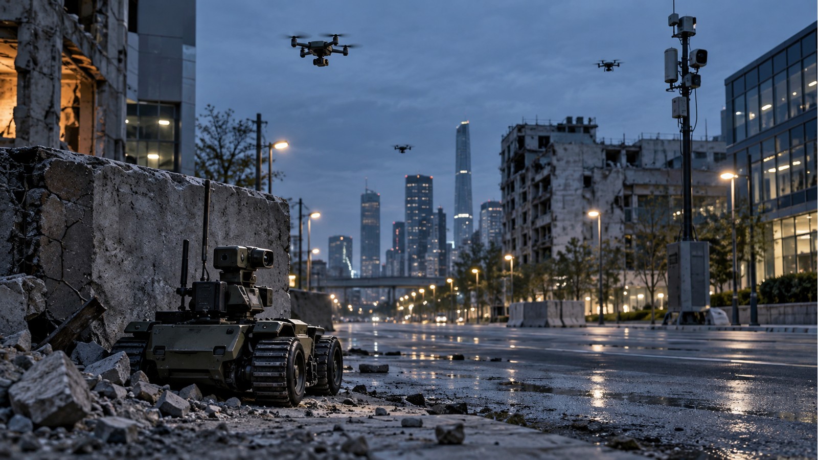 Editorial defense image for The Future of Urban Warfare: AI, Drones, Robots, and Sensor-Filled Cities.